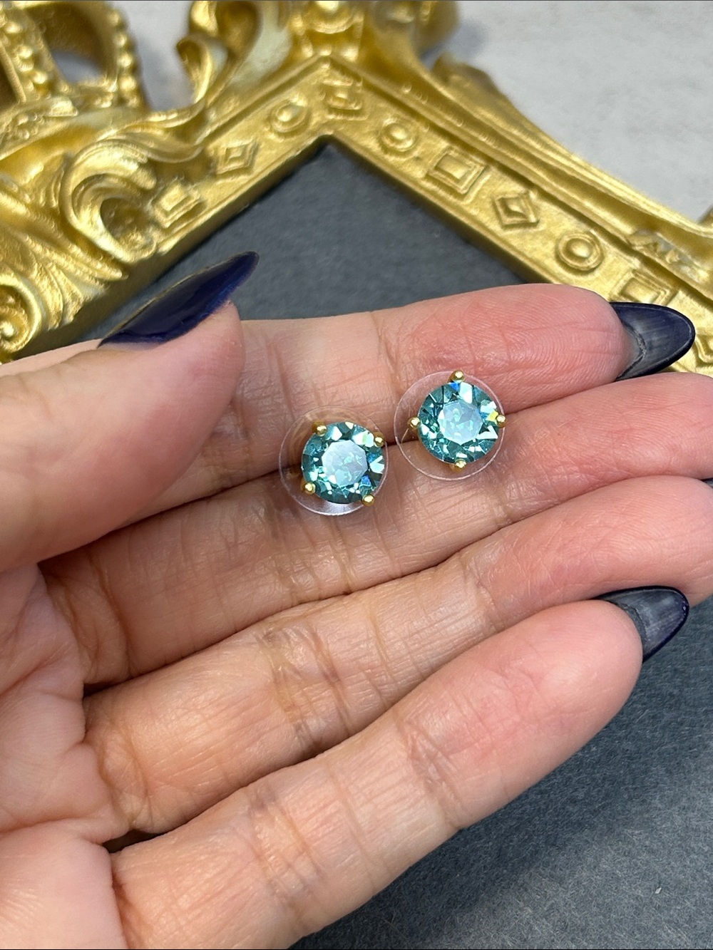 Park Lane Teal Swarovski Crystal Stud Matte Gold Earrings - Picture 5 of 8
